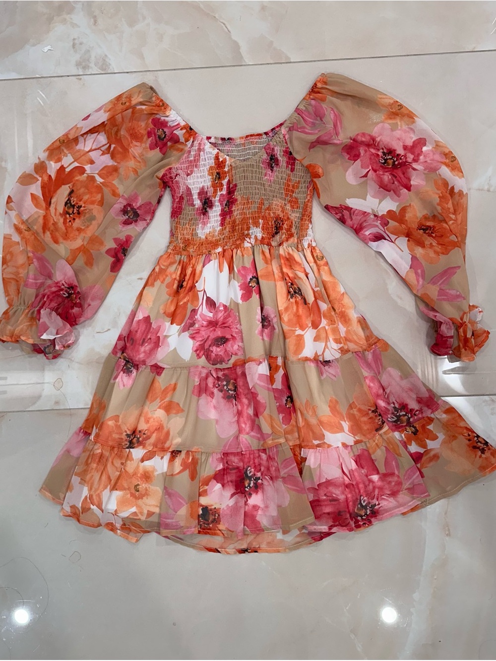 Floral Puff-Sleeve Tiered Maxi Dress - Pink & Orange